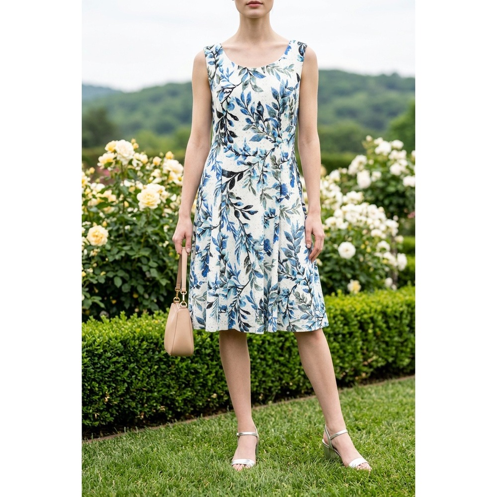 Studio Connection Blue Floral Eyelet Midi Dress Sleeveless 12 Cottage Feminine